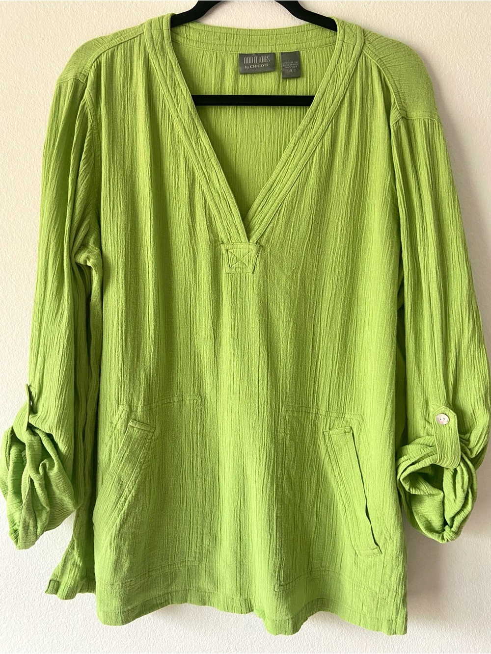 Additions by Chico’s 100% Cotton Lime Green Textured Tunic Top Size 2